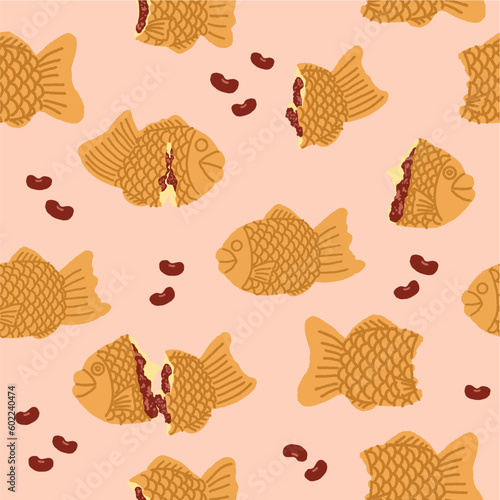 Hand drawn cartoon taiyaki vector, a Japanese dessert filled with sweet Azuki red beans paste. Seamless background pattern isolated of street food illustration. Bungeoppang, a fish shaped bread.