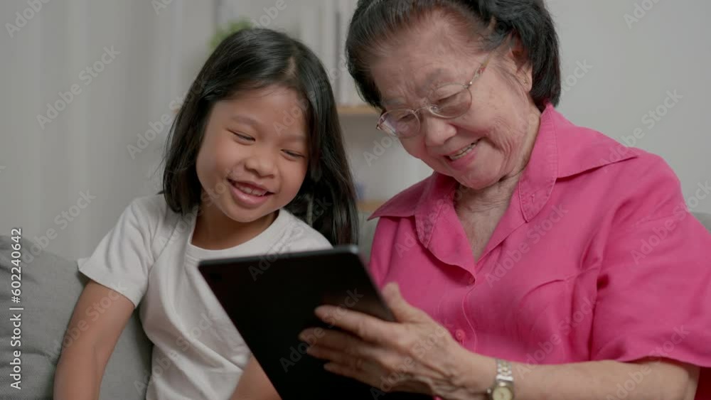 Smiling overjoyed mature grandmother with little granddaughter using tablet on cozy couch. Happy mature granny and small grandchild play education videos tablet. Education online, mature joy concept. Smiling overjoyed mature grandmother with little granddaughter using tablet on cozy couch. Happy mature granny and small grandchild play education videos tablet. Education online, mature joy concept.