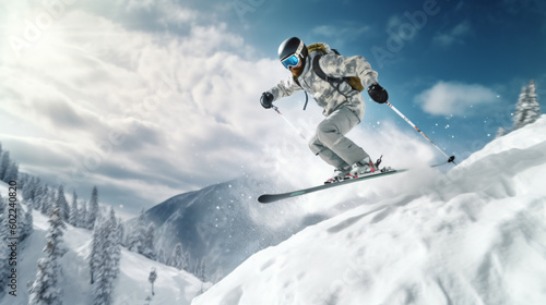 Extreme Winter Sports: Skier Jumping and Skiing on a Snowy Mountain Terrain generative ai