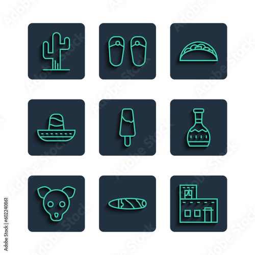 Set line Dog, Cigar, Mexican house, Taco with tortilla, Popsicle ice cream, sombrero, Cactus and Tequila bottle icon. Vector