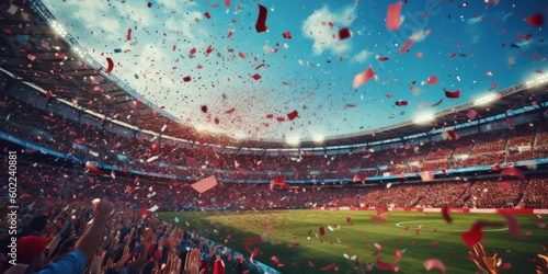 Soccer stadium with confetti as its peak moment background. Generative AI