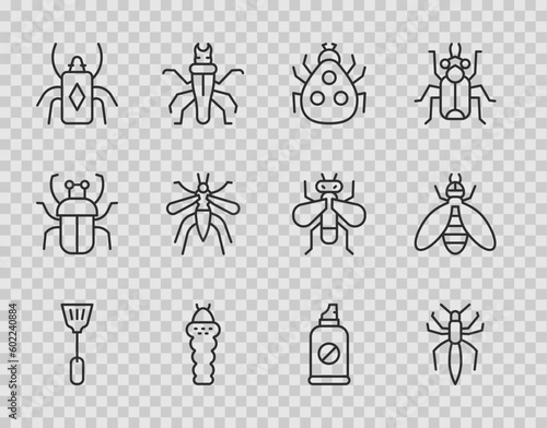 Set line Fly swatter, Spider, Ladybug, Larva insect, Beetle, Mosquito, Spray against insects and icon. Vector