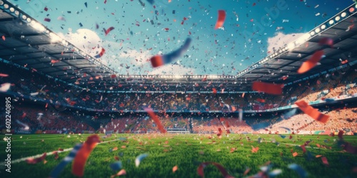 Soccer stadium with confetti as its peak moment background. Generative AI