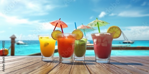 Glasses of Mixed Summer Cocktails on Tropical Beach background. Generative Ai