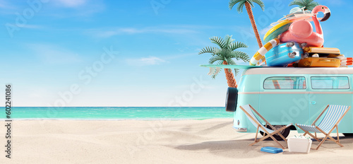 Summer vacation, travel holiday, van and beach accessories with beautiful sea background. 3d rendering 