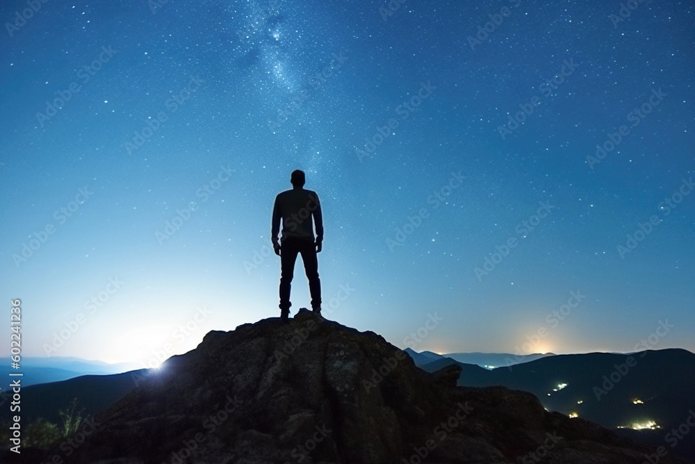 AI generative. A man standing on top of a mountain. Back view. AI generative. A man standing on top of a mountain. Back view.