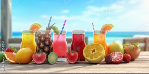 Freshy Summer Fruits Juiceson Tropical Beach Background, Healthy Beverage Rich in Vitamins. Generative Ai