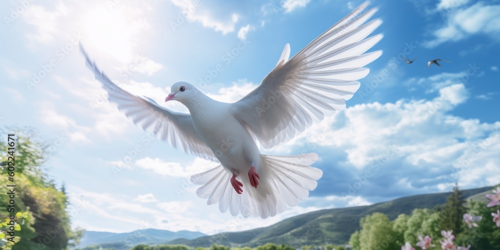 Obraz premium White Dove Flying on Blue Sky Background, Bird of Peace Symbol, International Peace Day. Generative Ai