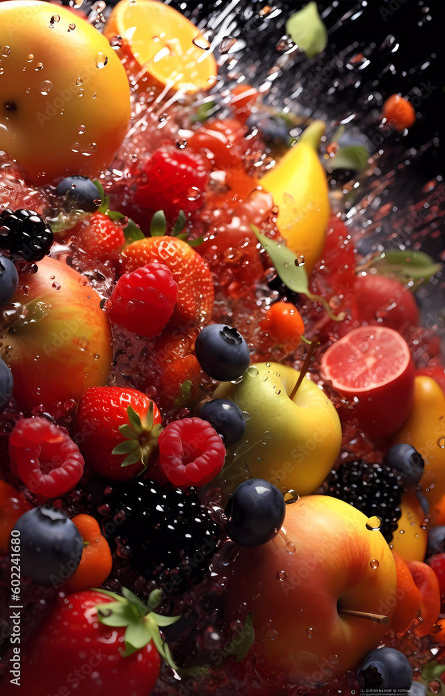 Fresh fruits in transparent water splashes, front view. Fresh fruits in transparent water splashes, front view.