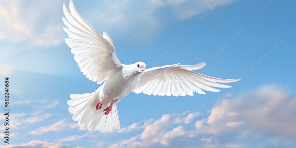 Fototapeta premium White Dove Flying on Blue Sky Background, Bird of Peace Symbol, International Peace Day. Generative Ai