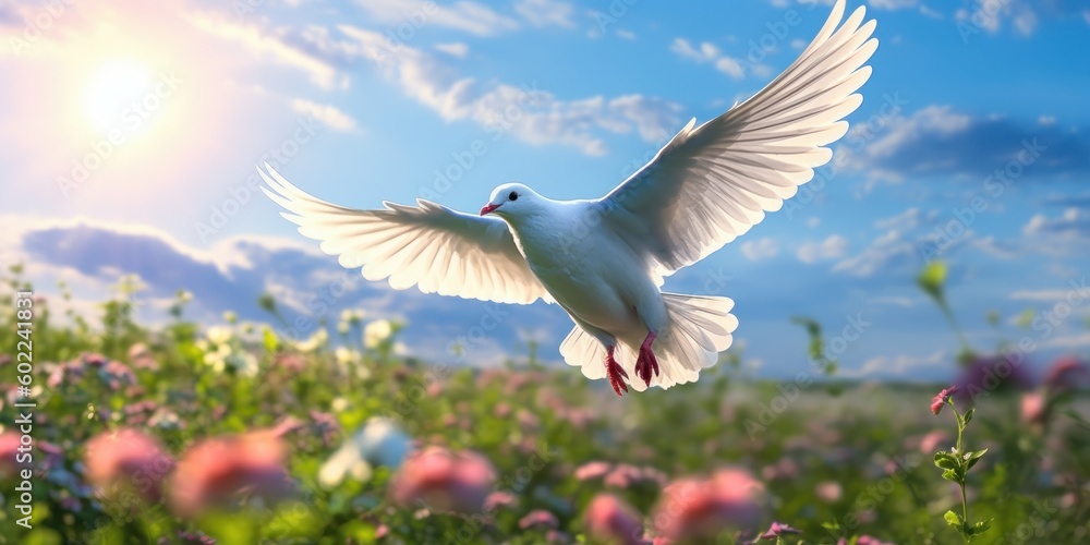 Obraz premium White Dove Flying on Flowers Field Background, Bird of Peace Symbol, International Peace Day. Generative Ai