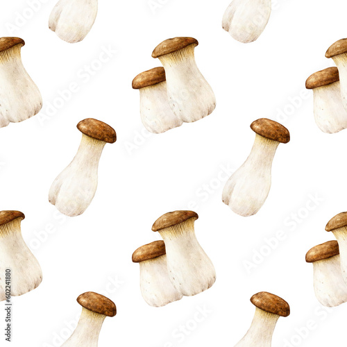 King trumpet mushroom seamless pattern. Watercolor illustration. Hand painted Pleurotus eryngii fungus. Edible fresh king oyster mushroom seamless pattern element. White background