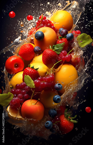 Fresh fruits in transparent water splashes  front view.