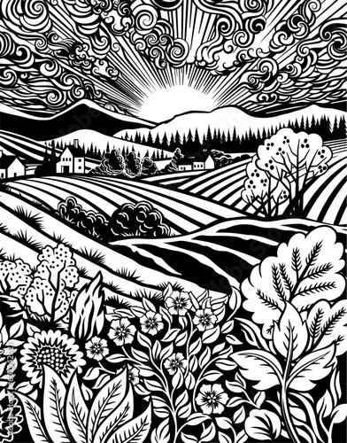 Rolling hills, fields and farm or vineyards background illustration. Wild flowers, plants in foreground. Forests, mountains in background. In intage retro woodcut or lino print or linoleum cut style