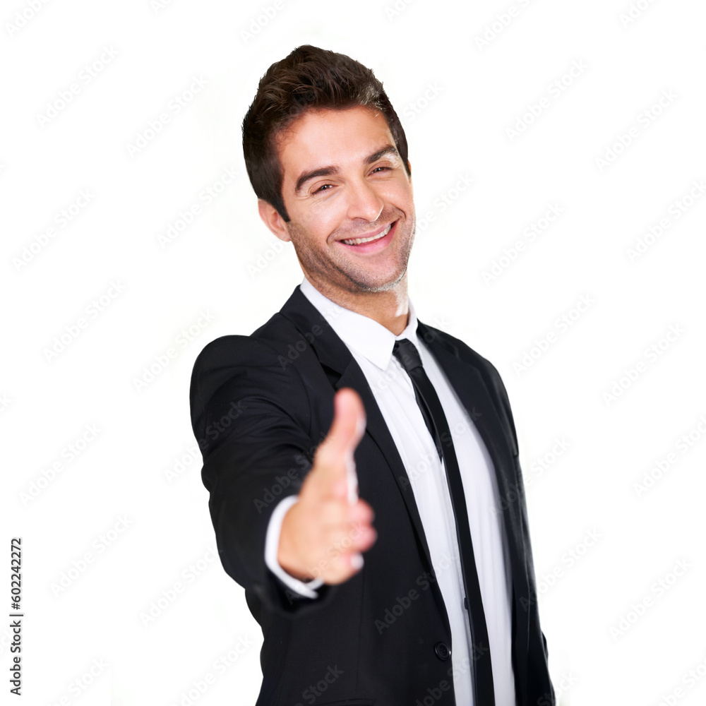 Extended handshake, portrait and business man hand for deal or partnership. Professional male model happy to shake hands for HR agreement, thank you or hiring isolated on a white background in studio Extended handshake, portrait and business man hand for deal or partnership. Professional male model happy to shake hands for HR agreement, thank you or hiring isolated on a white background in studio