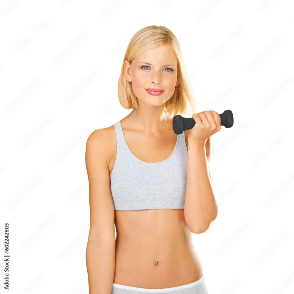 Dumbbells, exercise and portrait of a fitness woman in studio for training workout. Happy aesthetic female model isolated on a white background for weightlifting, weight loss and body wellness Dumbbells, exercise and portrait of a fitness woman in studio for training workout. Happy aesthetic female model isolated on a white background for weightlifting, weight loss and body wellness