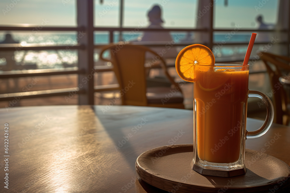 Refreshing Orange cocktail by the sea. Oranges. Summer, beach and vacation. Refreshing Orange cocktail by the sea. Oranges. Summer, beach and vacation.