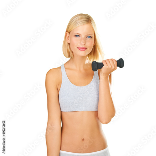 Dumbbells, exercise and portrait of a fitness woman in studio for training workout. Happy aesthetic female model isolated on a white background for weightlifting, weight loss and body wellness