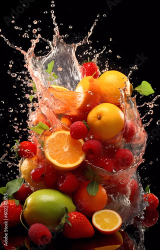 Fresh fruits in transparent water splashes  front view.