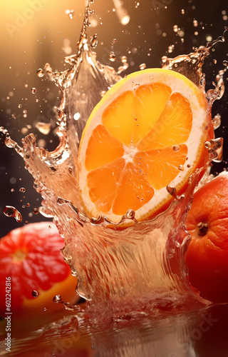 Fresh fruits in transparent water splashes  front view.