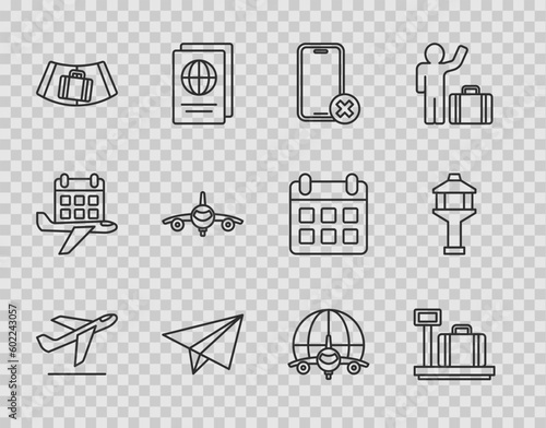 Set line Plane takeoff, Scale with suitcase, No cell phone, Paper airplane, Conveyor belt, Globe flying and Airport control tower icon. Vector
