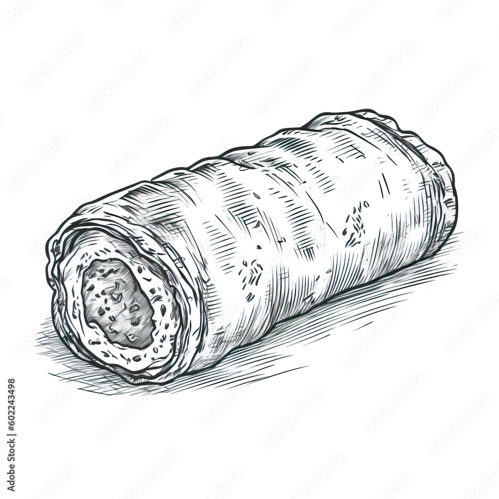 A hand drawn sketch of a classic sausage roll on a white background