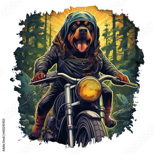 Fotografia A daring Rottweiler Dog, riding a fast motorcycle through a dangerous forest fil