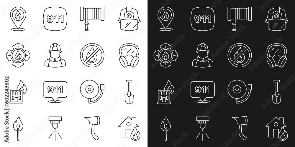Set line Fire in burning house, shovel, Gas mask, hose reel, Firefighter, Location with fire flame and No icon. Vector Set line Fire in burning house, shovel, Gas mask, hose reel, Firefighter, Location with fire flame and No icon. Vector