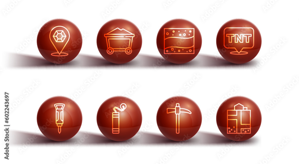 Set line Gem stone, Construction jackhammer, Dynamite, Pickaxe, Mine coal trolley, entrance and Gold mine icon. Vector Set line Gem stone, Construction jackhammer, Dynamite, Pickaxe, Mine coal trolley, entrance and Gold mine icon. Vector