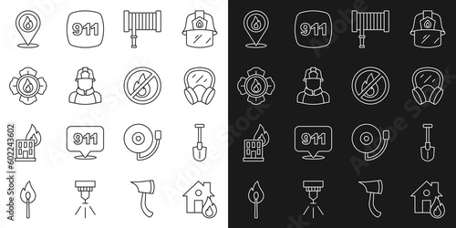 Set line Fire in burning house, shovel, Gas mask, hose reel, Firefighter, Location with fire flame and No icon. Vector