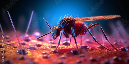 macro shot of a common mosquito on human skin, west nile virus infection, generative ai photo