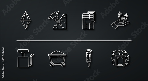 Set line Gem stone, Handle detonator, Construction jackhammer, Mine coal trolley, entrance and Dynamite icon. Vector