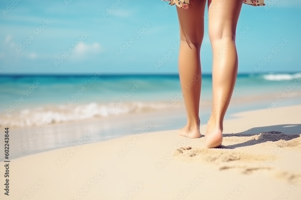 Girl's legs on the beach. Created with generative Ai technology. Girl's legs on the beach. Created with generative Ai technology.