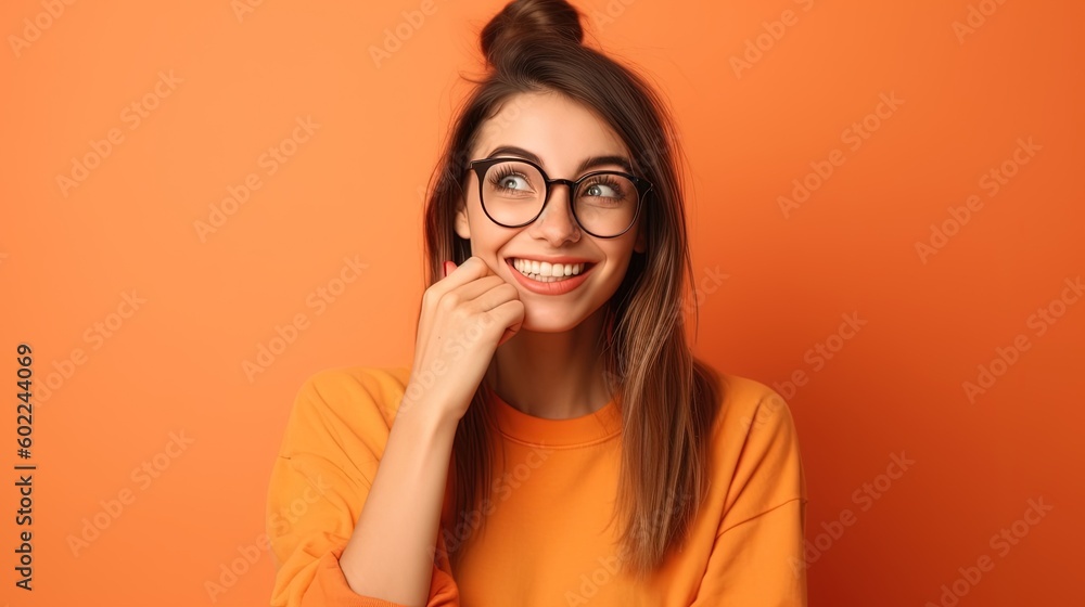 Portrait of a beautiful young girl on an orange background.Generative Ai