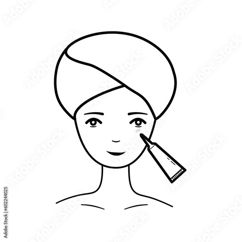 Using undereye cream linear icon. Skin care procedure. Facial beauty treatment. Eye makeup product. Thin line illustration. Vector isolated on white background. Editable stroke.