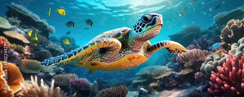 Bueautiful sea turtle underwater crystal blue ocean. Generative AI © CYBERUSS