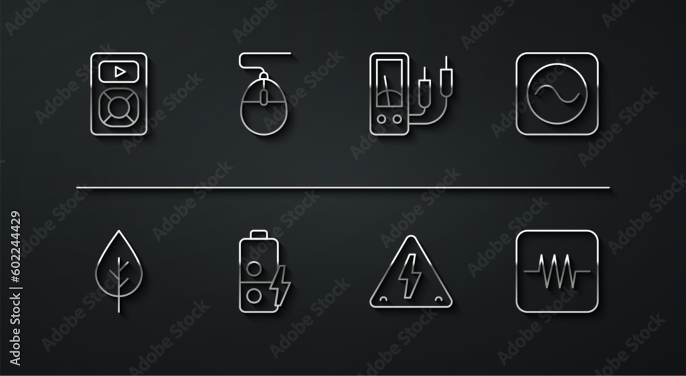 Set line Music player, Leaf Eco symbol, AC voltage source, High, Battery charge, Computer mouse, Resistor in electronic circuit and Ampere meter, multimeter icon. Vector Set line Music player, Leaf Eco symbol, AC voltage source, High, Battery charge, Computer mouse, Resistor in electronic circuit and Ampere meter, multimeter icon. Vector