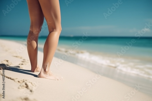 Girl's legs on the beach. Created with generative Ai technology.
