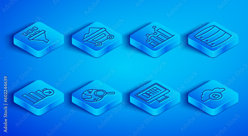 Set line Binary code, Coal mine trolley, Pie chart infographic, Search globe, Data analysis, Server, Financial growth decrease and Cloud computing lock icon. Vector Set line Binary code, Coal mine trolley, Pie chart infographic, Search globe, Data analysis, Server, Financial growth decrease and Cloud computing lock icon. Vector