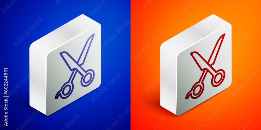 Isometric line Scissors hairdresser icon isolated on blue and orange background. Hairdresser, fashion salon and barber sign. Barbershop symbol. Silver square button. Vector Isometric line Scissors hairdresser icon isolated on blue and orange background. Hairdresser, fashion salon and barber sign. Barbershop symbol. Silver square button. Vector