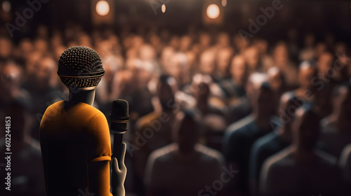 A microphone in front of an audience. Comedy music and theater live performance. 