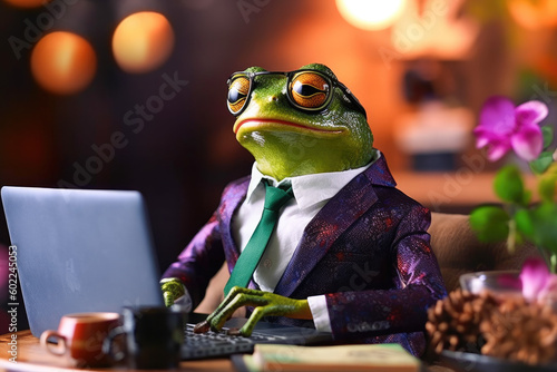 Portrait of a frog dressed in a business suit with glasses uses a laptop. Generative AI. 