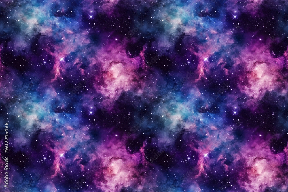 Dark blue seamless pattern of a starry galaxy with clouds. Generative AI illustration