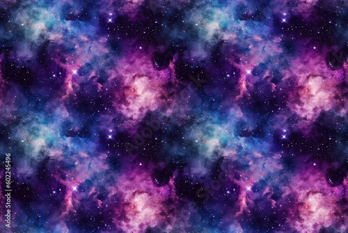 Dark blue seamless pattern of a starry galaxy with clouds. Generative AI illustration © Anastasia