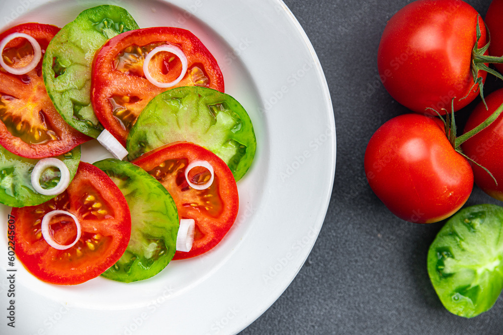 tomato salad red and green vegetable dish healthy meal food snack on the table copy space food background rustic top view tomato salad red and green vegetable dish healthy meal food snack on the table copy space food background rustic top view