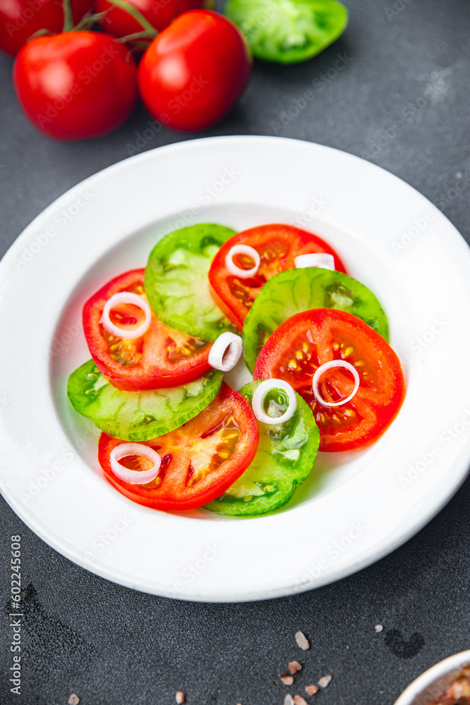 tomato salad red and green vegetable dish healthy meal food snack on the table copy space food background rustic top view tomato salad red and green vegetable dish healthy meal food snack on the table copy space food background rustic top view