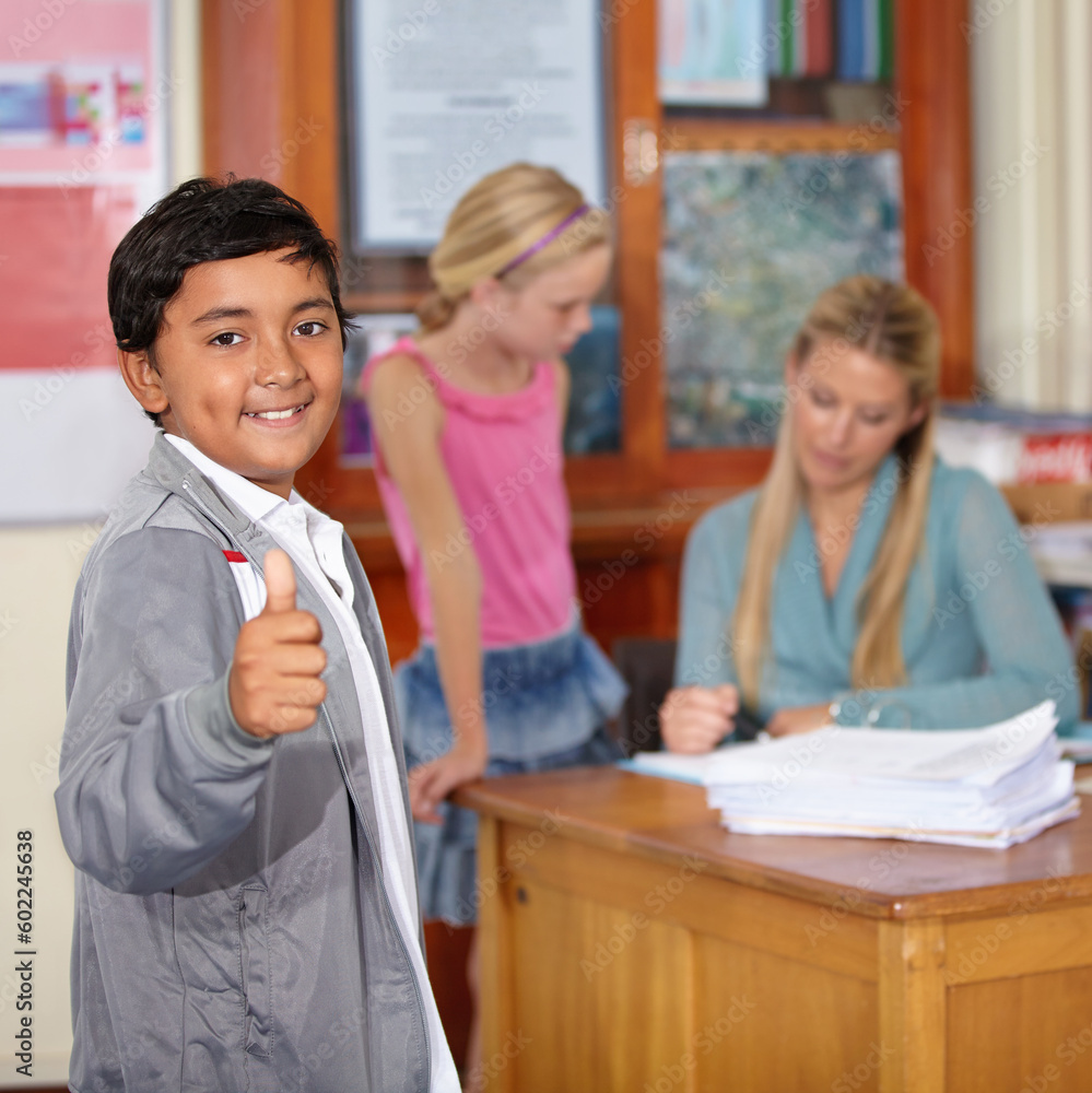 Portrait, child and student with thumbs up, smile and success in classroom. Happiness, hand gesture and kid with like emoji, agreement and approval for learning in elementary school for education. Portrait, child and student with thumbs up, smile and success in classroom. Happiness, hand gesture and kid with like emoji, agreement and approval for learning in elementary school for education.