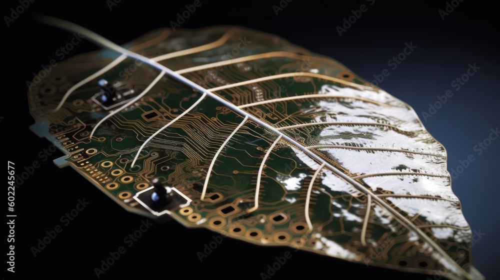 Nature's Technological Fusion: Close-Up of a Green Leaf Infused with an Electronic Circuit, Symbolizing the Concept of Sustainable Development and Technology in Harmony with Nature. Generative AI Nature's Technological Fusion: Close-Up of a Green Leaf Infused with an Electronic Circuit, Symbolizing the Concept of Sustainable Development and Technology in Harmony with Nature. Generative AI
