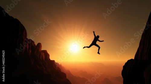 Silhouette of a Man Jumping between Cliffs, Embracing Risk and Challenges for the Path to Success - Daring Morning Leap. Generative AI