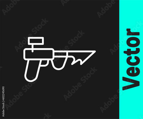 White line Fishing harpoon icon isolated on black background. Fishery manufacturers for catching fish under water. Diving underwater equipment. Vector